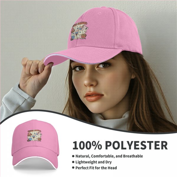 Black baseball cap with cute slow foods themed cartoon print
