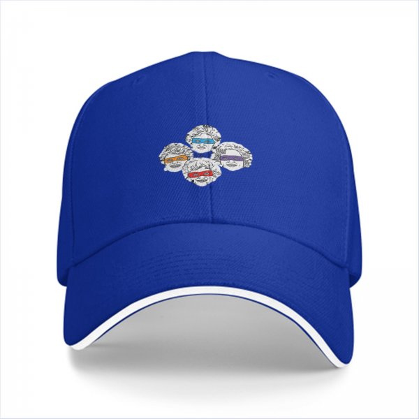 Black baseball cap with four stylized older women wearing colored visors