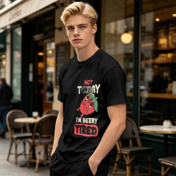Olive T-Shirt with 'Not Today I'm Berry Tired' Strawberry Print