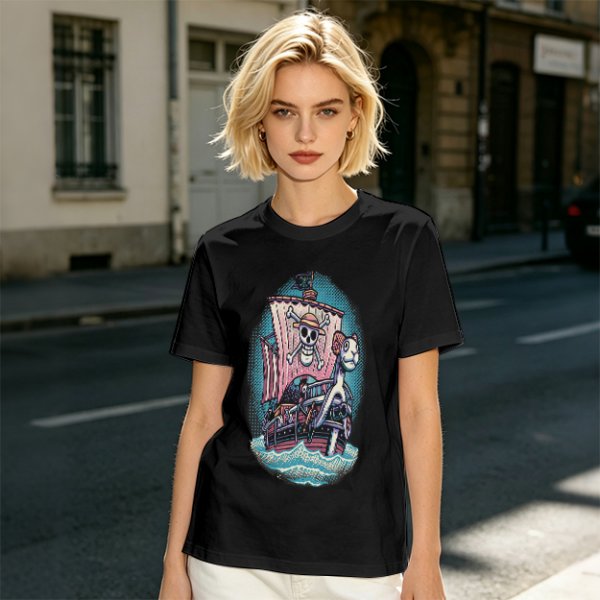 Olive T-shirt with One Piece Thousand Sunny Pirate Ship Print