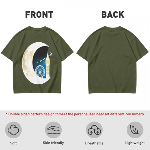 Olive T-Shirt with Crescent Moon London Skyline Flying Figures Print