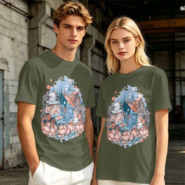 Olive T-Shirt with Whimsical Fantasy Character and Floral Art Print