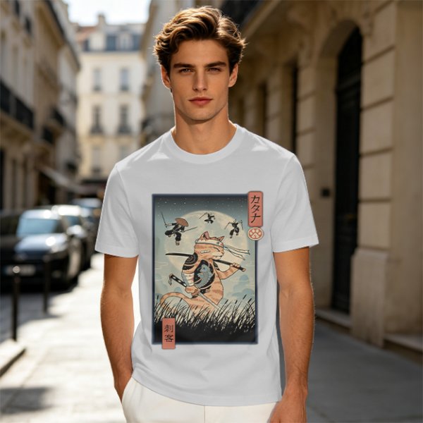 Samurai Cat Fighting Ninjas Ukiyo-e Style Graphic T-Shirt