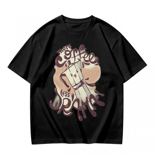 Olive t-shirt with 'More Coffee Less Drama' and moka pot graphic
