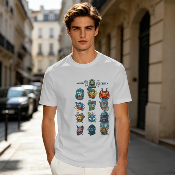 Olive Green T-Shirt With Fantasy Character Icons Print