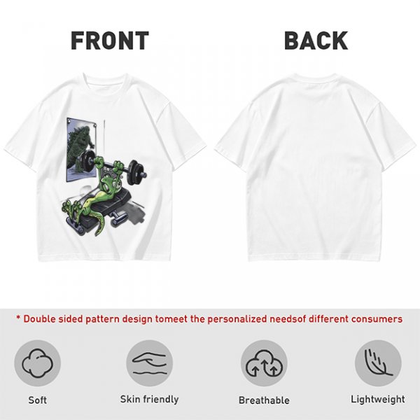 Olive T-shirt with cartoon lizard bench pressing weights in gym mirror