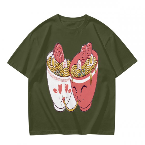 Olive T-Shirt With Cute Ramen Cups In Love Graphic