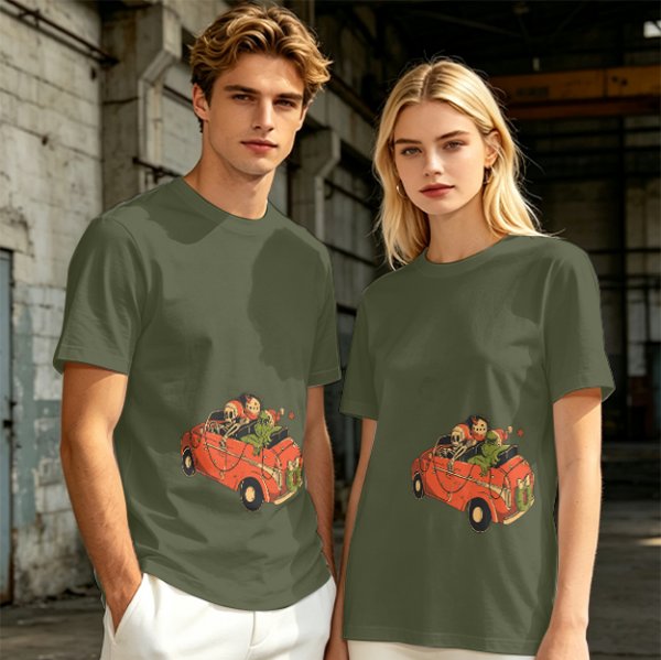 Olive T-Shirt with Skeleton and Friends in Christmas Car Print