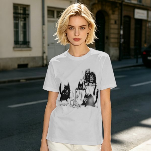 Olive Green T-Shirt With Playful Black Cat Graphic Print