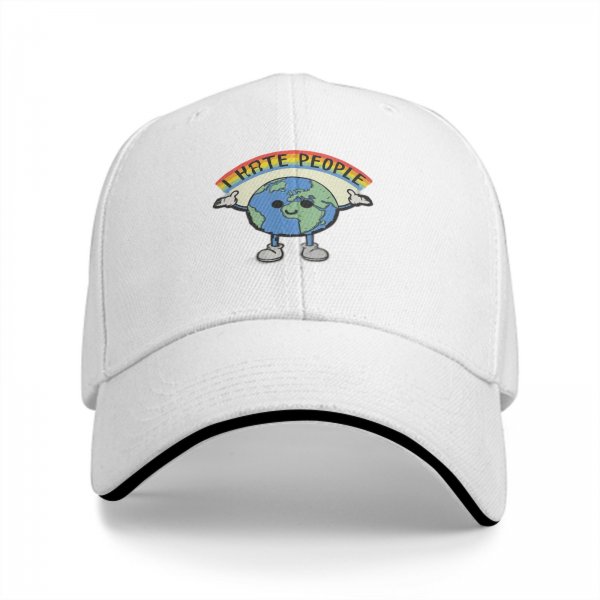Black baseball cap with cartoon Earth graphic and 'I HATE PEOPLE' text