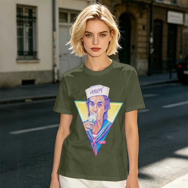 Olive T-Shirt with Steve Harrington Scoops Ahoy Ice Cream Graphic