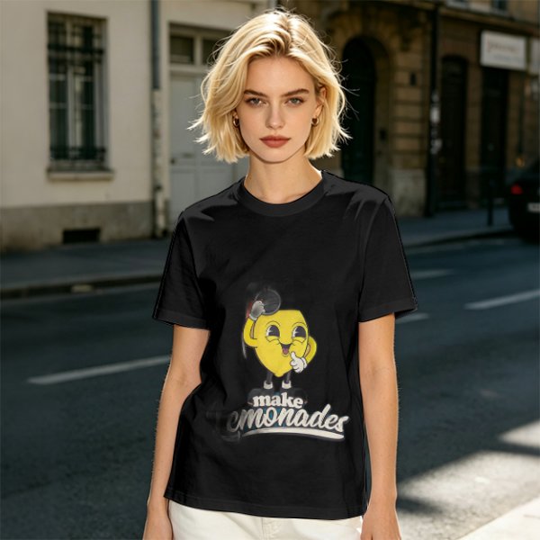 Olive green t-shirt with cheerful lemon mascot graphic and make lemonades text