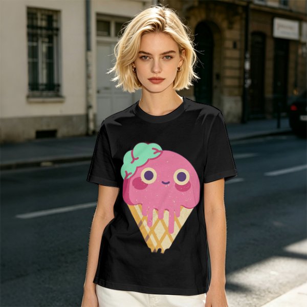 Olive T-Shirt With Cute Melting Pink Ice Cream Cone Graphic