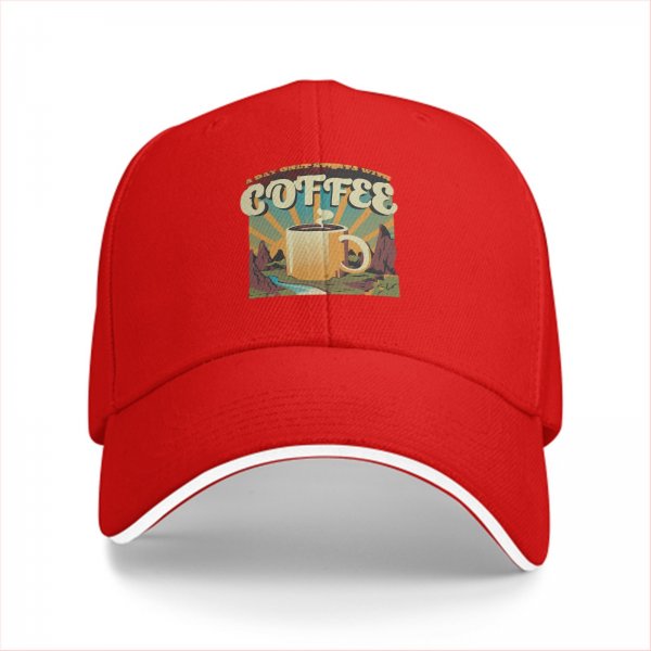 Black Baseball Cap With Coffee And Mountain Sunrise Graphic
