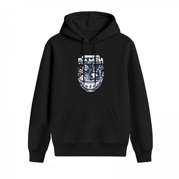 Black hoodie with ramen and cat graphic design