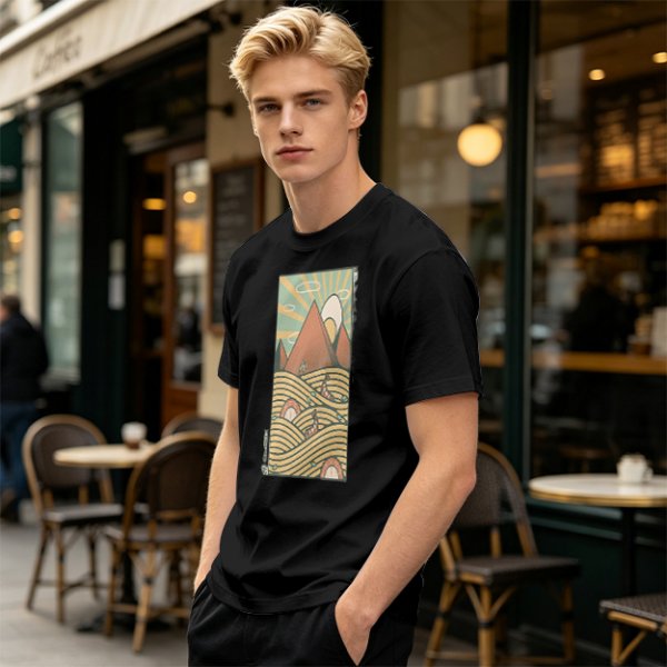 Olive T-Shirt With Retro Mountain And Ramen Noodle Landscape Print