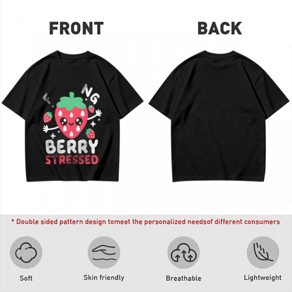 Olive graphic t-shirt with crying strawberry and 'berry stressed' text
