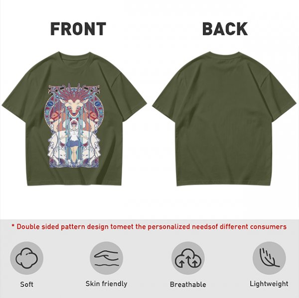 Olive green t-shirt with stained glass style forest spirit anime artwork