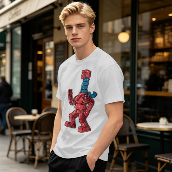 Olive Green T-Shirt with Retro Robot Graphic Print