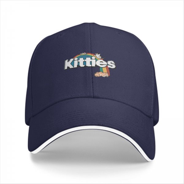 Black baseball cap with kitties and rainbow graphic