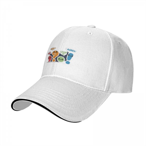 Black baseball cap with cute punctuation characters and speech bubbles