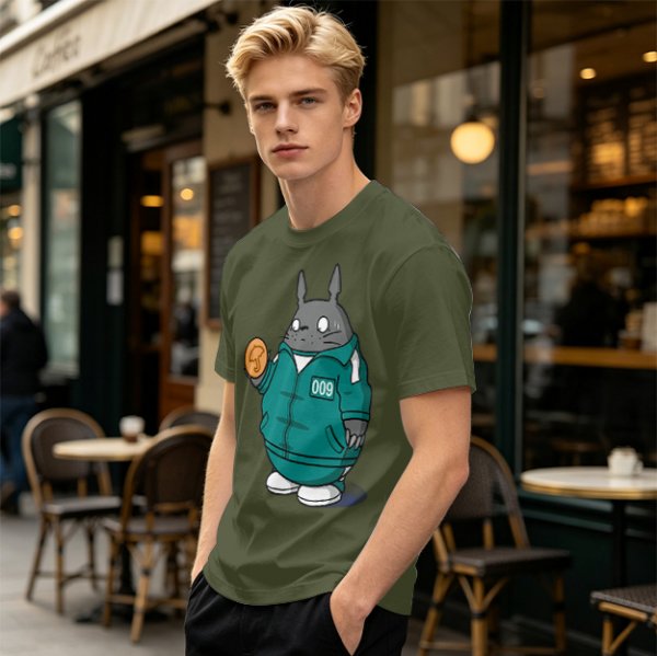 Totoro in Squid Game tracksuit holding umbrella honeycomb cookie t-shirt