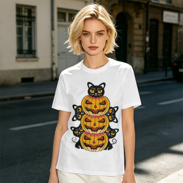 Olive Halloween T-Shirt with Stacked Jack-o'-Lanterns and Black Cats
