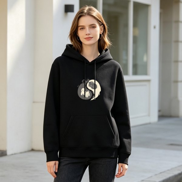 Black hoodie with yin yang cat graphic design