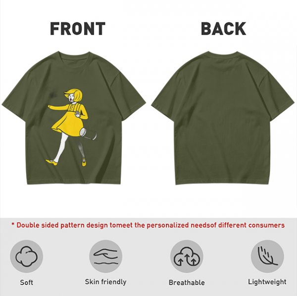 Olive Green T-Shirt With Whimsical Yellow Girl Graphic Print