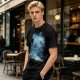 Olive Green T-Shirt With Abstract Blue Water-Inspired Print