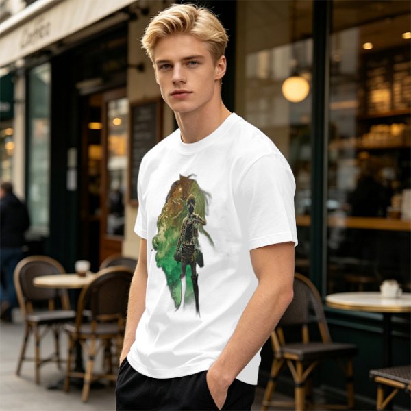 Olive Anime Graphic T-Shirt With Warrior And Giant Artwork