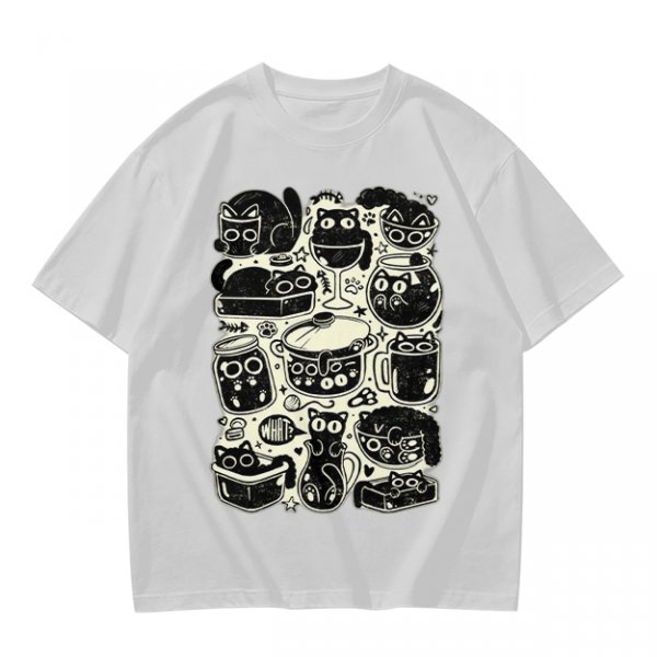 Olive Green T-Shirt With Playful Black Cats In Kitchenware Print