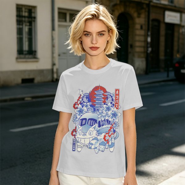 Olive green t-shirt with cat bus and Japanese traditional art print