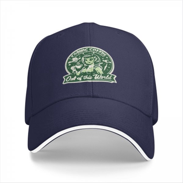 Black baseball cap with cosmic coffee alien girl graphic