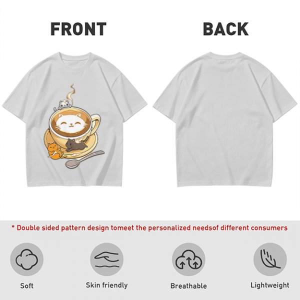 Olive Green T-Shirt With Cute Cat Latte Art And Kittens Print