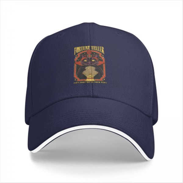 Black baseball cap with fortune teller cat graphic and text
