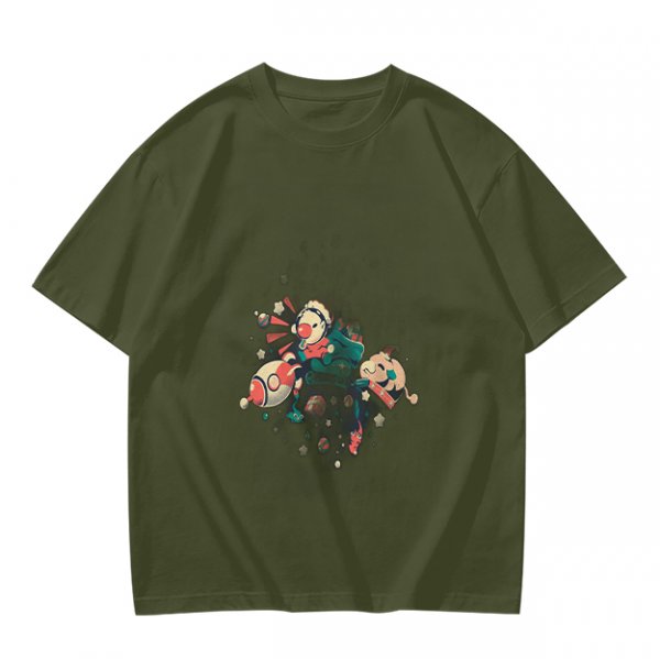 Olive T-Shirt With Whimsical Space Themed Cartoon Print