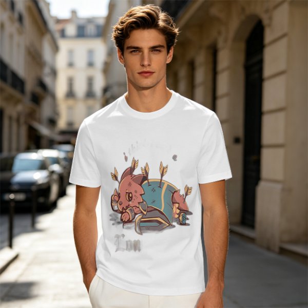 Olive T-shirt with Chibi Wounded Fantasy Creature Graphic