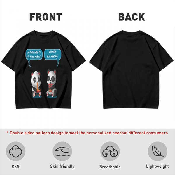 Olive t-shirt with pandas discussing life beyond eating and sleeping