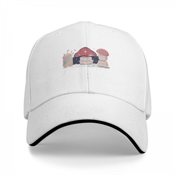 Black baseball cap with cute mushroom creature graphic print