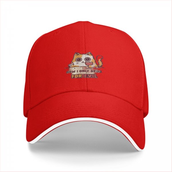 Black baseball cap with cat graphic and 'now i only drink for evil' text