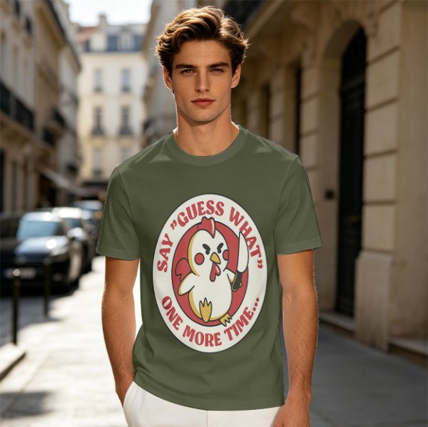 Olive t-shirt with angry chicken holding knife and funny text design
