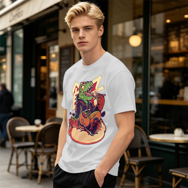 Olive T-Shirt with Cartoon Crocodile Eating Snack Graphic