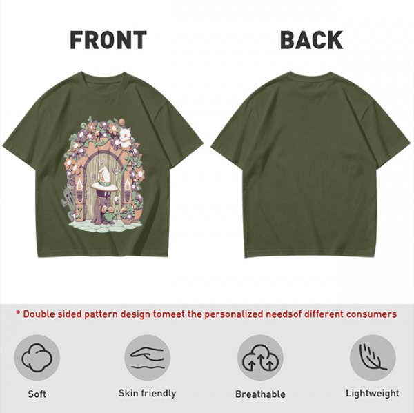 Olive T-Shirt With Whimsical Wizard Cat Garden Door Art