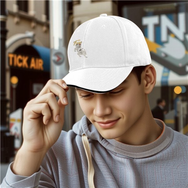 Black baseball cap with running dog graphic and gold text