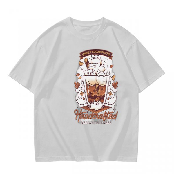 Olive t-shirt with cute cat bubble tea graphic print