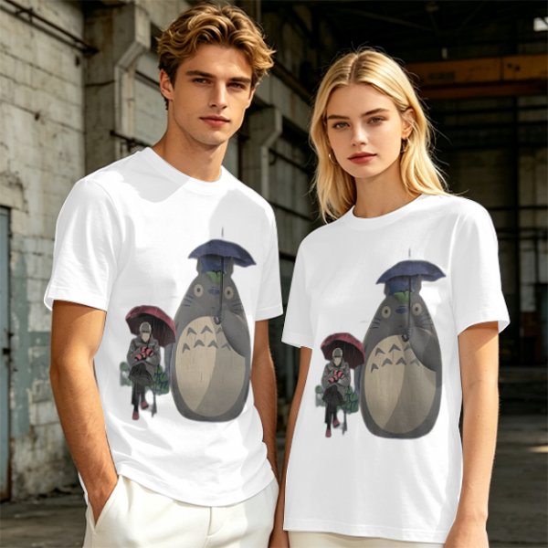 Olive T-shirt with Totoro and masked figure under umbrellas print