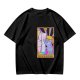 Olive green t-shirt with three-eyed cat couch killer tarot-style graphic