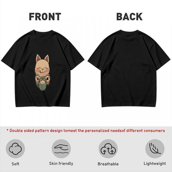 Olive green t-shirt with cute cat holding a mug print