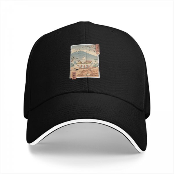 Black Baseball Cap with Ukiyo-e Style Ramen and Mount Fuji Art
